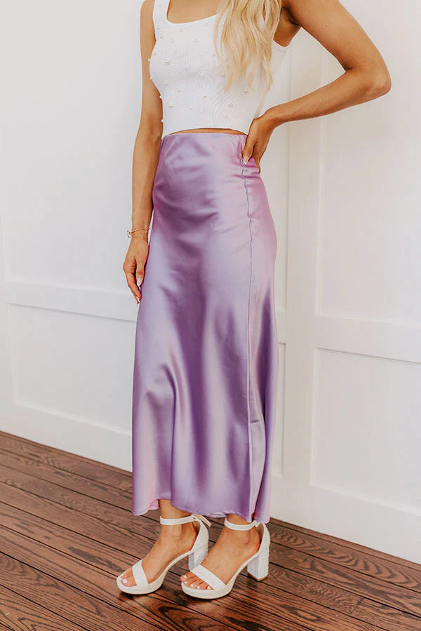 The Tiffany High Waist Satin Midi Skirt in Lavender