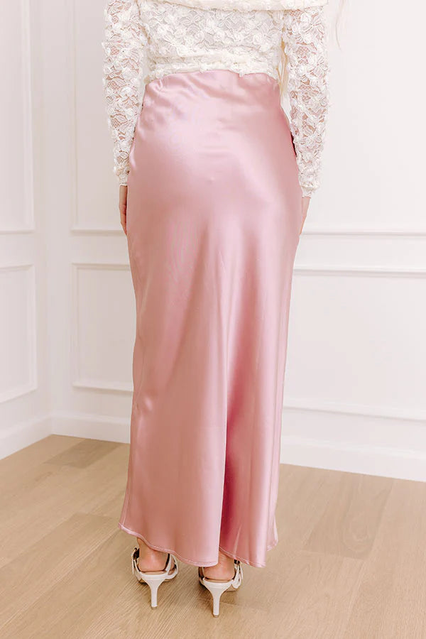 The Tiffany High Waist Satin Midi Skirt in Pink