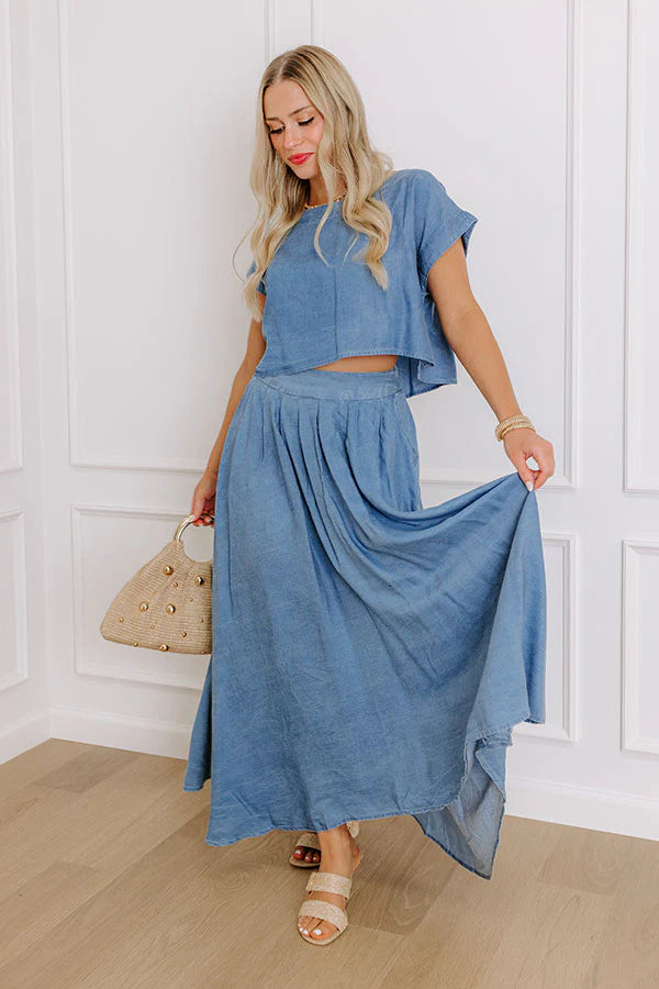 Farmers Market Stroll High Waist Chambray Midi Skirt