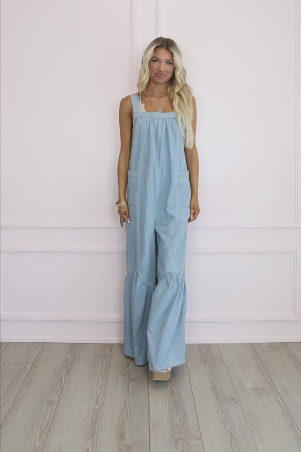 Downtown Nashville Denim Wide Leg Jumpsuit